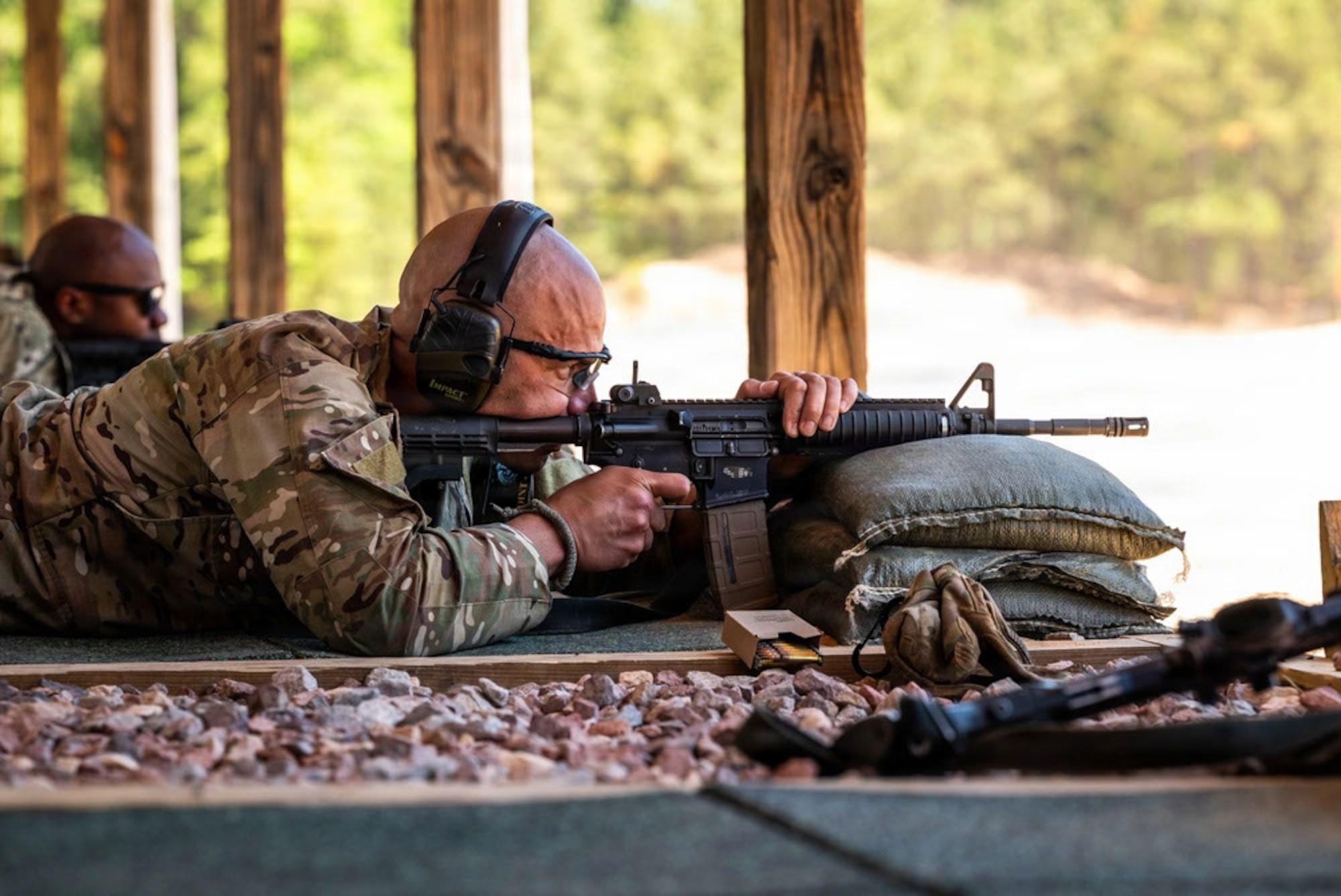 Master Sgt. Jesus Cintron, 320th Training Squadron, maintains focus during the Army Marksmanship Qualification during the Joint Warrior Competition at Fort Jackson, South Carolina, April 20, 2026. (Photo by Sgt. 1st Class Dana Clarke)