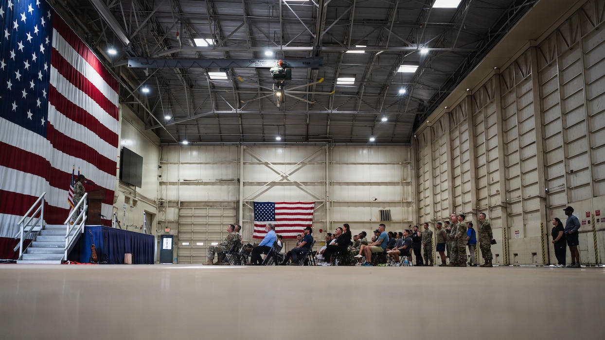U.S. Airmen assigned to 56th Security Forces Squadron and local law enforcement officers assigned to the Glendale Police department come together during the 2026 Police Week opening ceremony at Luke Air Force Base, Arizona, May 11, 2026. The ceremony honored fallen and current law enforcement officers while reinforcing the partnership between Luke AFB and local agencies committed to protecting and serving the West Valley community. (U.S. Air Force photo by Senior Airman Katelynn Jackson)
