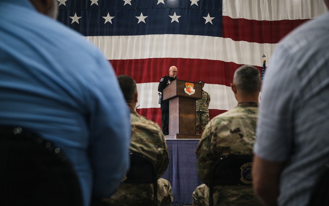 Chief Colby Brandt, Glendale Police Department assistant chief, speaks during the 2026 Police Week opening ceremony at Luke Air Force Base, Arizona, May 11, 2026. The ceremony honored fallen and current law enforcement officers while reinforcing the partnership between Luke AFB and local agencies committed to protecting and serving the West Valley community. (U.S. Air Force photo by Senior Airman Katelynn Jackson)