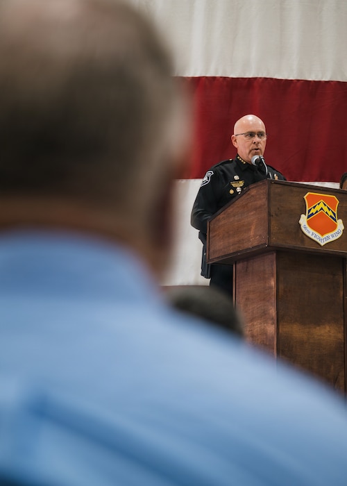 Chief Colby Brandt, Glendale Police Department assistant chief, speaks during the 2026 Police Week opening ceremony at Luke Air Force Base, Arizona, May 11, 2026. The ceremony honored fallen and current law enforcement officers while reinforcing the partnership between Luke AFB and local agencies committed to protecting and serving the West Valley community. (U.S. Air Force photo by Senior Airman Katelynn Jackson)