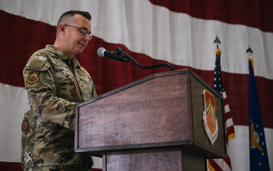 U.S. Air Force Capt. Daniel Starr, 56th Fighter Wing chaplain, delivers the invocation during the 2026 Police Week opening ceremony at Luke Air Force Base, Arizona, May 11, 2026. The ceremony fostered a spirit of service by bringing together Airmen, law enforcement, and community members to honor the fallen and reaffirm support for active personnel. (U.S. Air Force photo by Senior Airman Katelynn Jackson)
