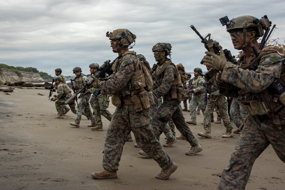 U.S. Marines with Light Armored Reconnaissance Company, Battalion Landing Team 3/6, 22nd Marine Expeditionary Unit (Special Operations Capable), and Ecuadorian Marines conduct a simulated raid during a bilateral exercise on Naval Base Jaramijó, Ecuador, May 1, 2026. The 22nd MEU (SOC)’s Ecuador bilateral training enhances interoperability with partner forces, reinforces longstanding security relationships, and improves combined readiness to respond to crises across the region. U.S. military forces are deployed to the region in support of U.S. Southern Command mission objectives and the president’s priorities to strengthen regional security, disrupt illicit drug trafficking, and protect the U.S. homeland. (U.S. Marine Corps photo)