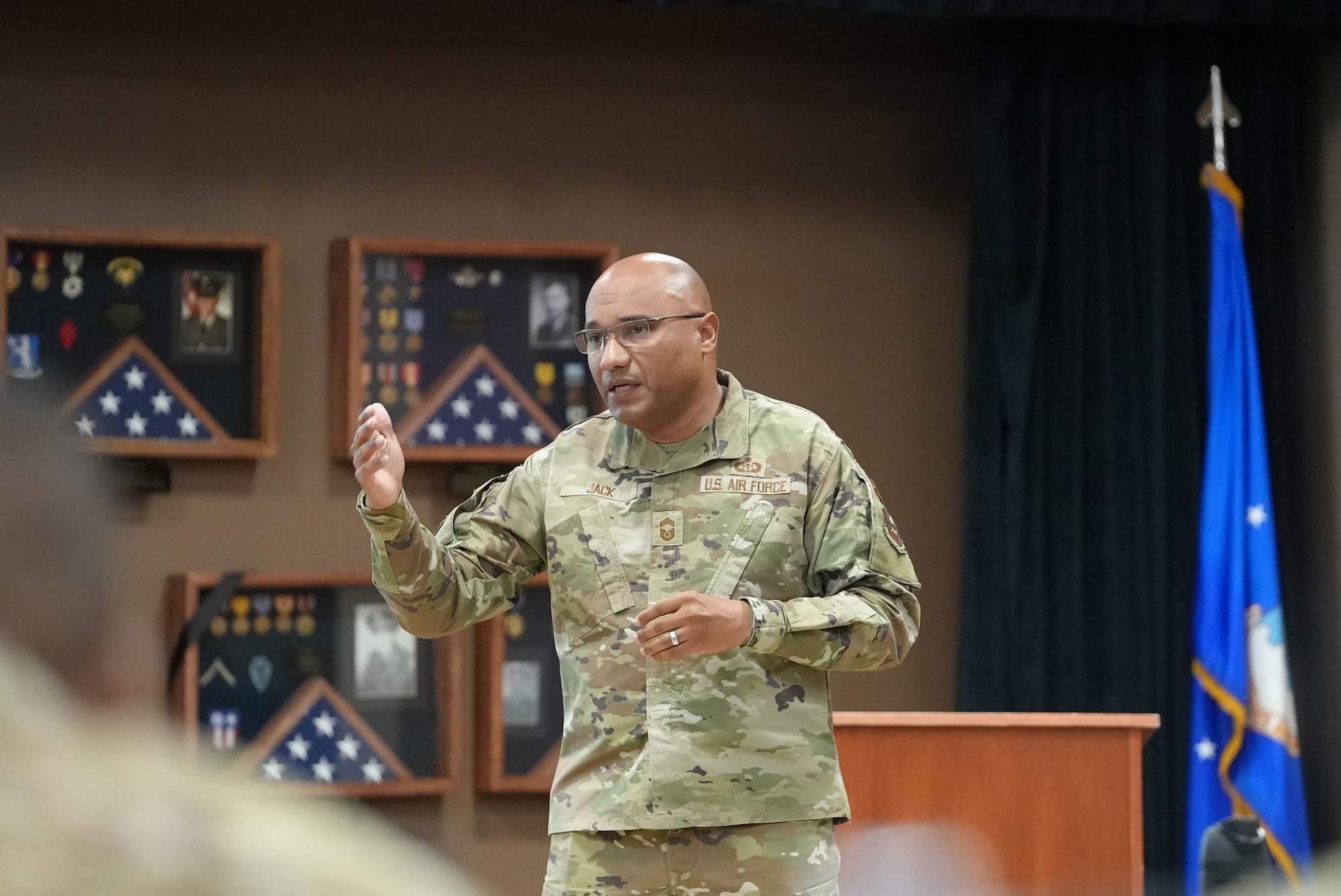 U.S. Air Force Chief Master Sgt. Whitfield Jack, 737th Training Group senior enlisted leader, speaks to Air Force Special Operations Command first sergeants during the Commando Diamond Rally at Cannon Air Force Base, New Mexico, April 27, 2026.
