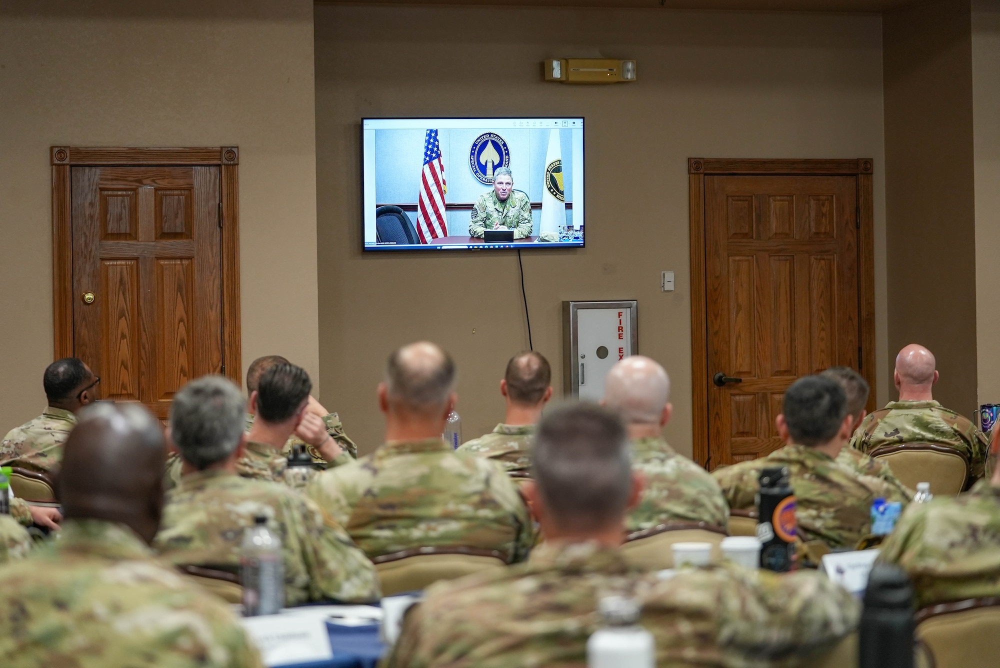 U.S. Air Force Lt. Gen. Michael Conley, Air Force Special Operations Command commander, speaks with Air Force Special Operations Command first sergeants during a call at the Commando Diamond Rally at Cannon Air Force Base, New Mexico, April 27, 2026.