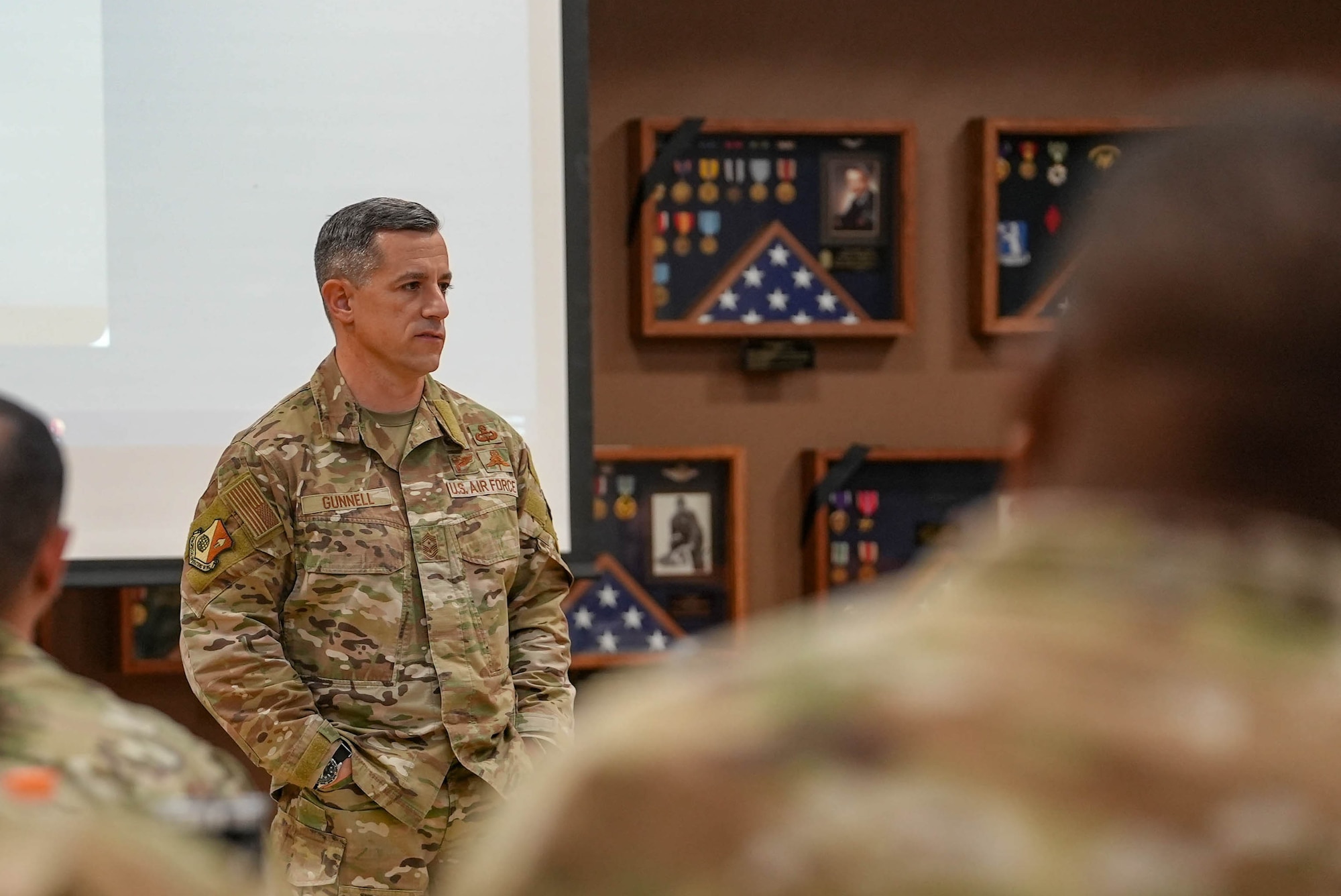 U.S. Air Force Chief Master Sgt. Thomas Gunnell, 27th Special Operations Wing command chief, addresses first sergeants during the Commando Diamond Rally at Cannon Air Force Base, New Mexico, April 27, 2026.