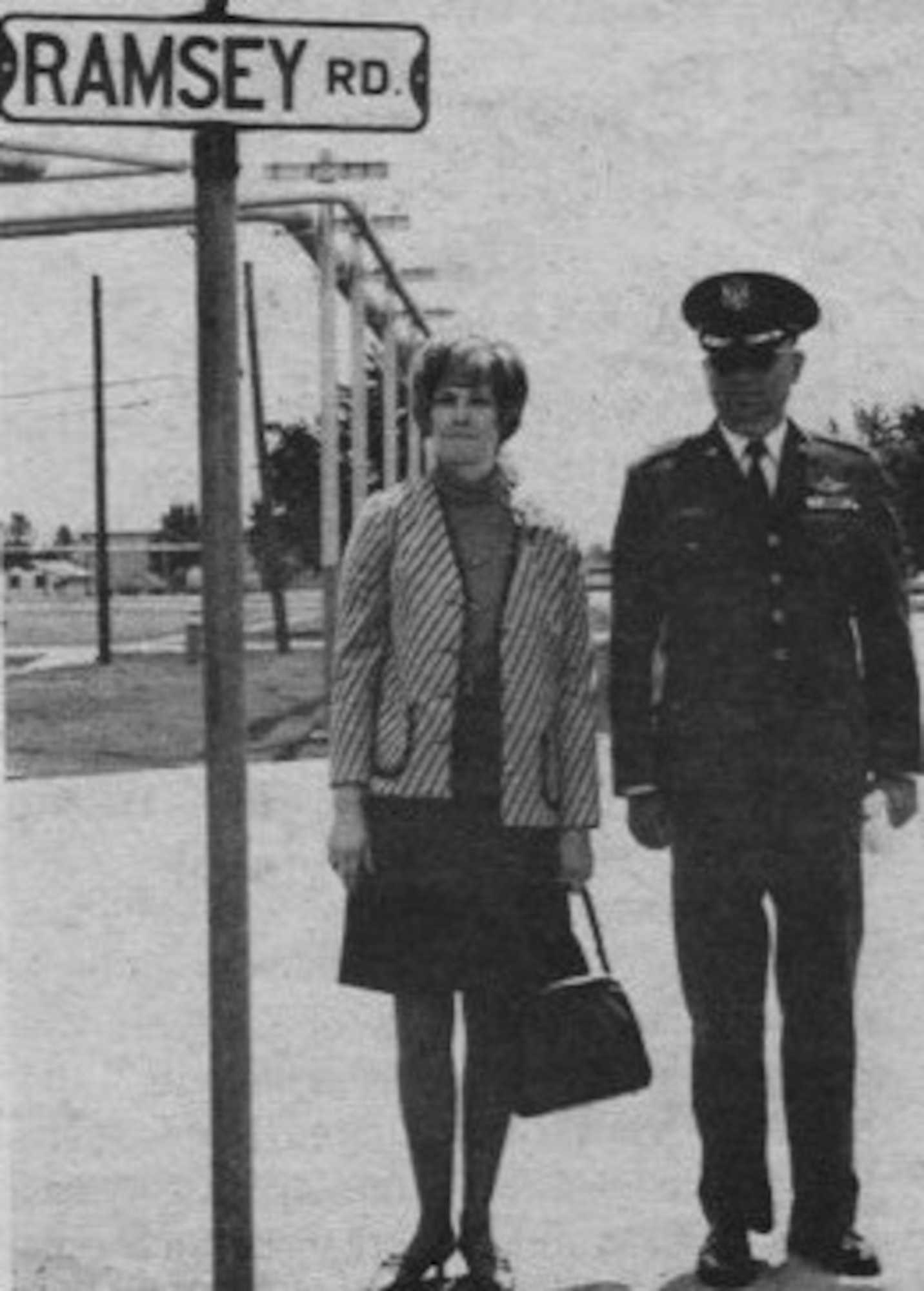 Mrs. Mary K. Ramsey, wife of Maj. Milton H. Ramsey, unveils street named in his honor on at Whiteman Air Force Base, Missouri, May 18, 1974.