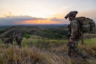 U.S. Soldiers assigned to the 2nd Battalion, 27th Infantry Regiment, 3rd Mobile Brigade, 25th Infantry Division, navigate mountainous terrain during the Joint Pacific Readiness Center Exportable Exercise at Fort Magsaysay, Philippines, May 11, 2026.