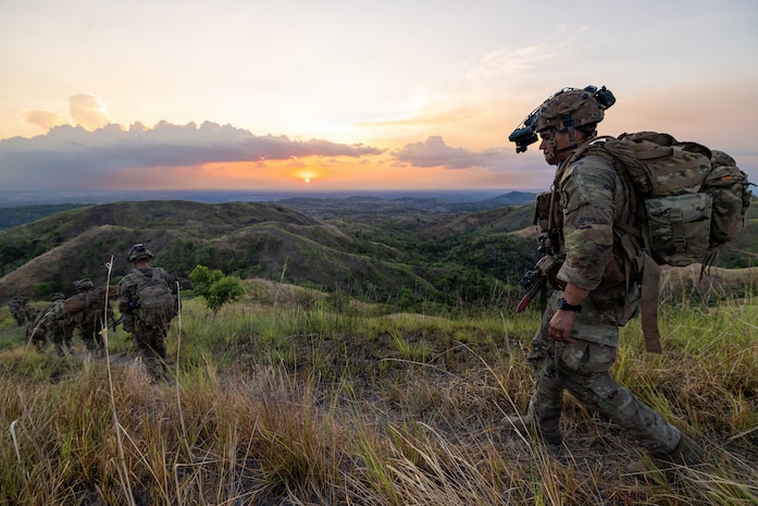 U.S. Soldiers assigned to the 2nd Battalion, 27th Infantry Regiment, 3rd Mobile Brigade, 25th Infantry Division, navigate mountainous terrain during the Joint Pacific Readiness Center Exportable Exercise at Fort Magsaysay, Philippines, May 11, 2026.