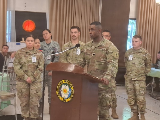 U.S. Army Capt. Elijah Clark, 1st Multi-Domain Task Force, briefs on Blue Team 6 activities during the Balikatan 2026 cyber defense exercise at Camp Aguinaldo, Philippines, May 5, 2026.