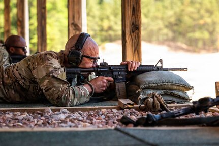 Master Sgt. Jesus Cintron, 320th Training Squadron, maintains focus during the Army Marksmanship Qualification during the Joint Warrior Competition at Fort Jackson, South Carolina, April 20, 2026. (Photo by Sgt. 1st Class Dana Clarke)