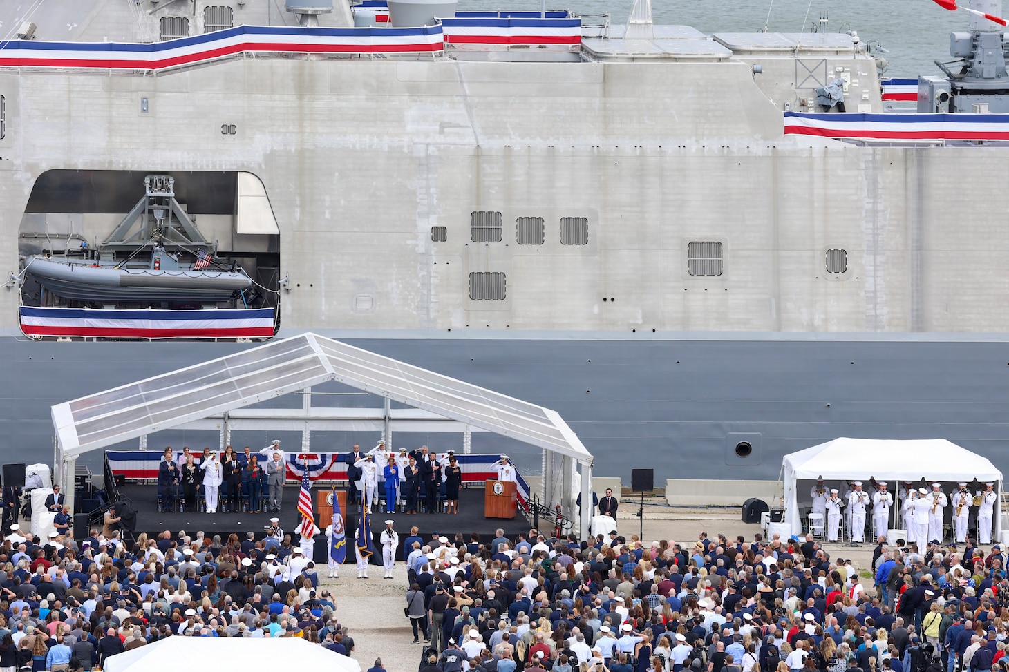 CLEVELAND (May 16, 2026) – Attendees salute while colors are paraded during the commissioning ceremony of the Navy’s last Freedom-variant littoral combat ship USS Cleveland (LCS 31) in Cleveland. Cleveland is the fourth warship to be named after Ohio’s second largest city and is the 16th and final Freedom-variant littoral combat ship (LCS) to be built and commissioned in the U.S. Navy. (U.S. Navy photo by Mass Communication Specialist 2nd Class Kenneth Blair)
