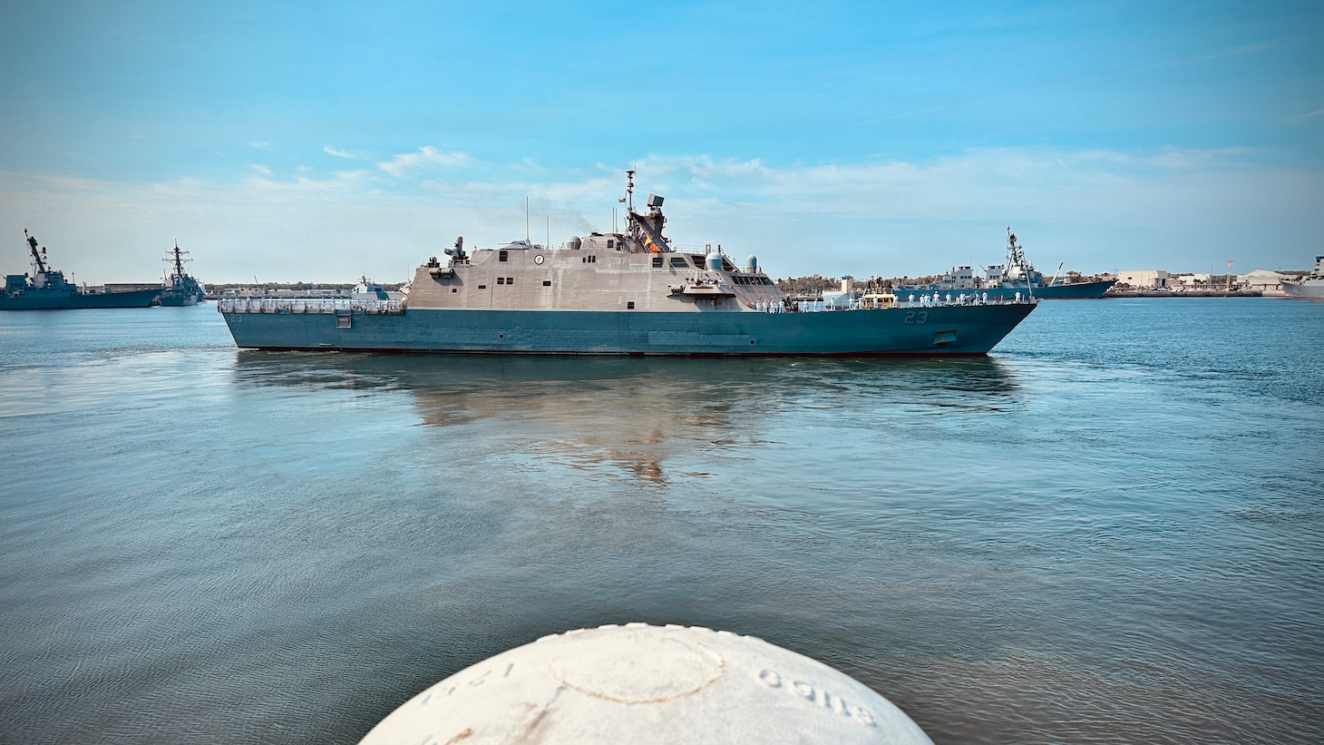 NAVAL STATION MAYPORT, Fla. (May 11, 2026) – The Freedom-variant littoral combat ship USS Cooperstown (LCS 23) departs Naval Station Mayport to begin operations in support of its scheduled deployment. Cooperstown assumed duties previously executed by the Freedom-variant littoral combat ship USS Wichita (LCS 13) in support of USNORTHCOM’s border security objectives. Cooperstown is the first ship to bear the name, and honors 70 military veterans who are members of the National Baseball Hall of Fame located in Cooperstown, New York.  These particular veterans had their baseball careers interrupted in order to serve in conflicts ranging from the Civil War through the Korean War. (U.S. Navy photo by David Holmes)