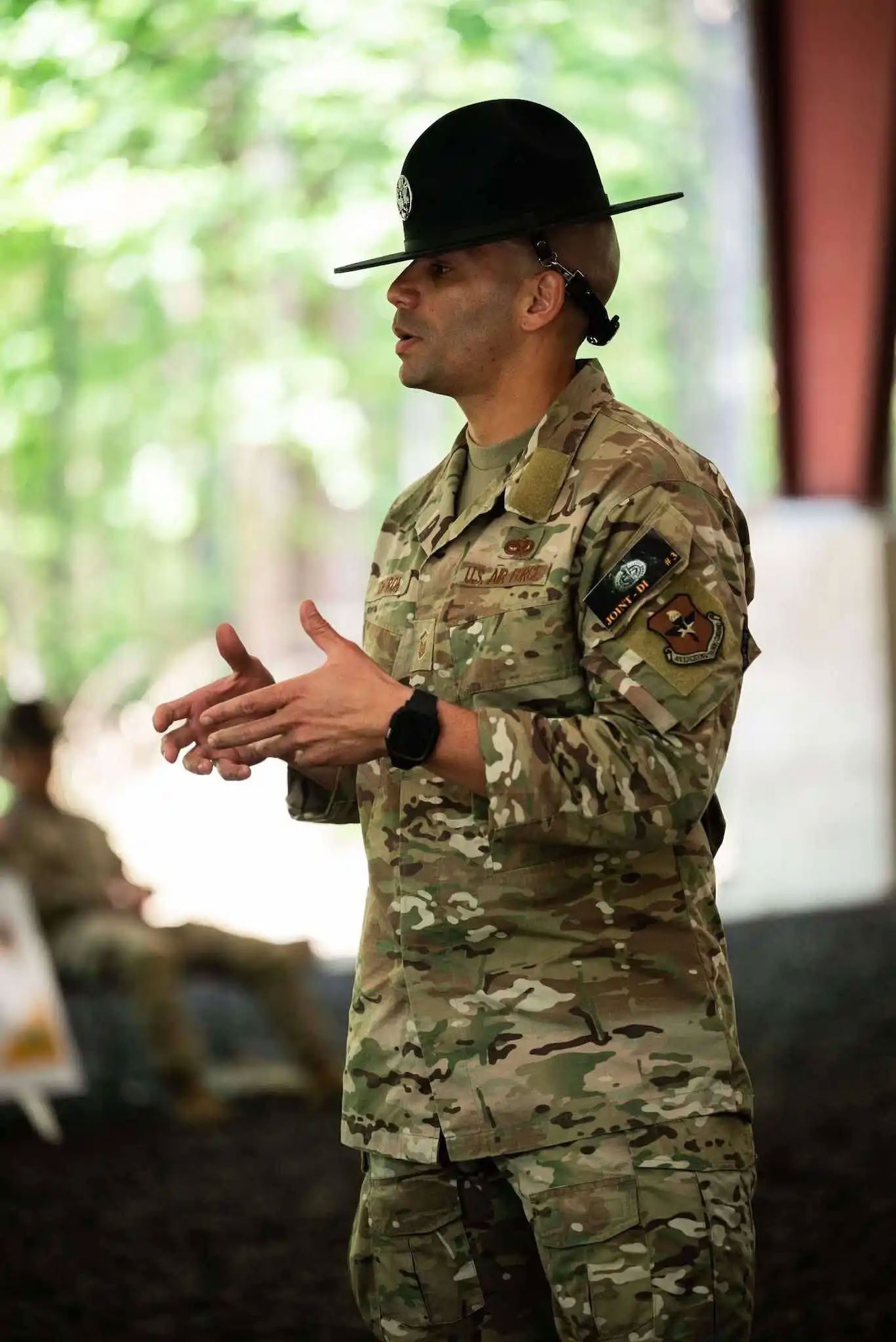 Master Sgt. Jesus Cintron, 320th Training Squadron, leads teaching sessions consisting of 35 12-minute lessons during the Joint Warrior Competition at Fort Jackson, South Carolina, April 20, 2026. (Photo by Sgt. 1st Class Dana Clarke)