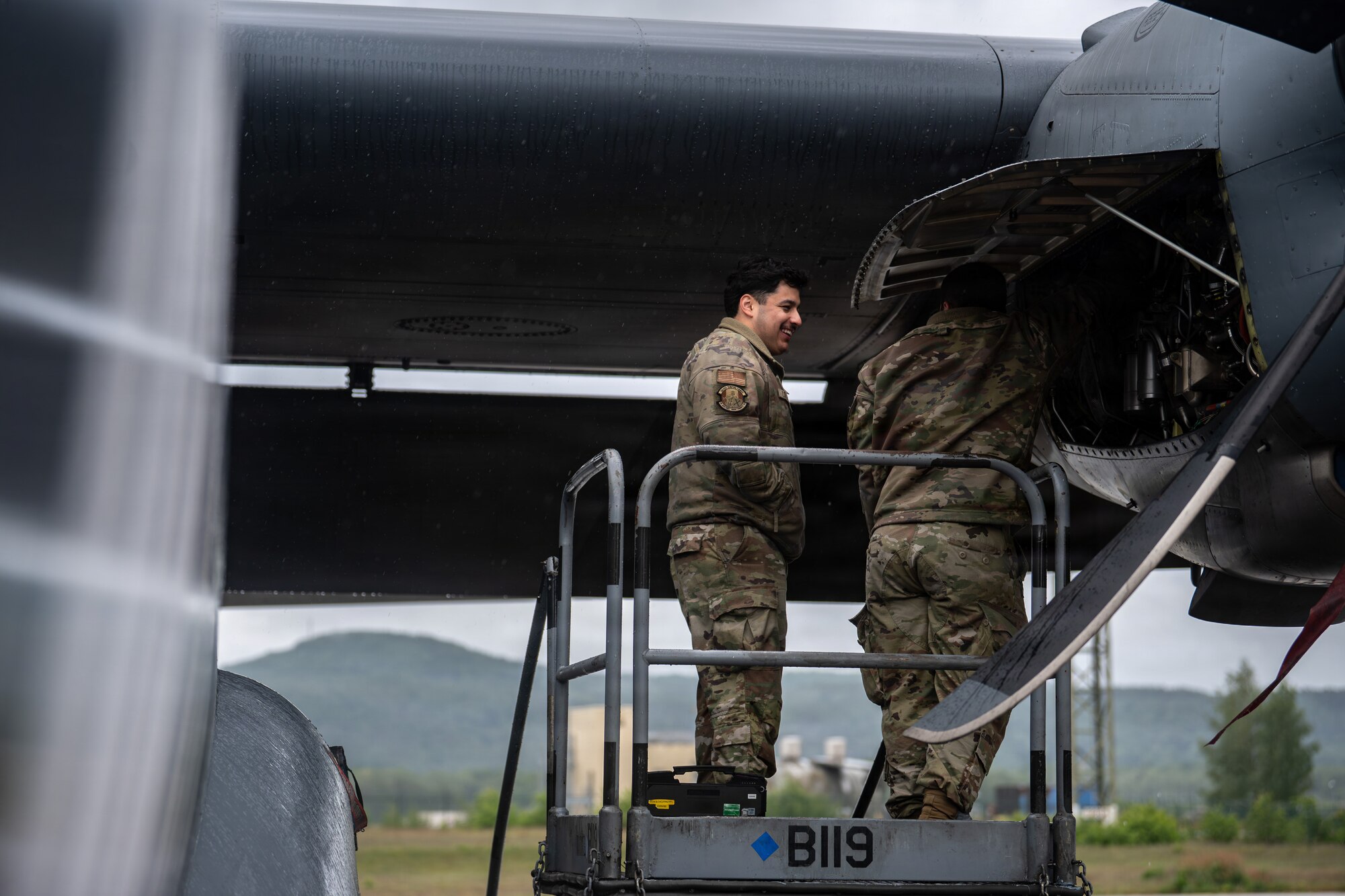 U.S. Air Force Airman 1st Class Andrew Lowe, right, and Airman 1st Class Alejandro Calderon, 86th Aircraft Maintenance Squadron maintainers, perform engine repairs on a C-130J Hercules at Ramstein Air Base, Germany, May 14, 2026.