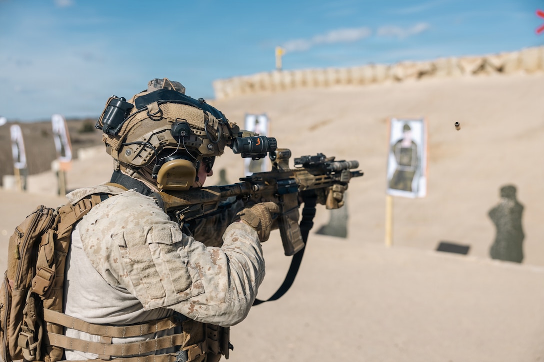 U.S. Marine Corps Staff Sgt. Barney South, a force reconnaissance Marine with 2nd Force Reconnaissance Company, 2nd Reconnaissance Battalion, 2nd Marine Division, fires an M4 carbine while conducting a live-fire range in La Cavalerie, France, April 2, 2026.  South fired the carbine during a bilateral training live-fire range. The purpose of the training is to increase interoperability, lethality, and camaraderie amongst U.S. and French forces. (U.S. Marine Corps photo by Lance Cpl. Hunter J. Kuester)