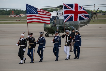 Members of the Joint Service Color Guard and cordon present ceremonial honors during a departure ceremony for King Charles III.