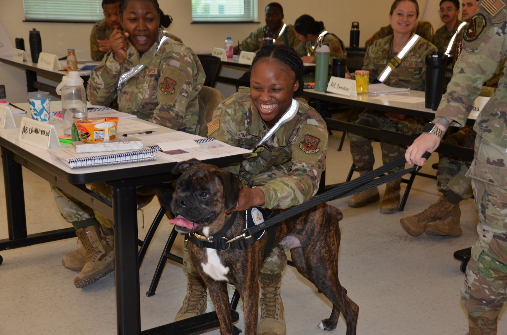 In recognition of Nurse Tech Week, Bowser the Therapy Dog visits students and staff in the Medical Education and Training Campus Air Force Aerospace Medical Service Apprentice course May 8.