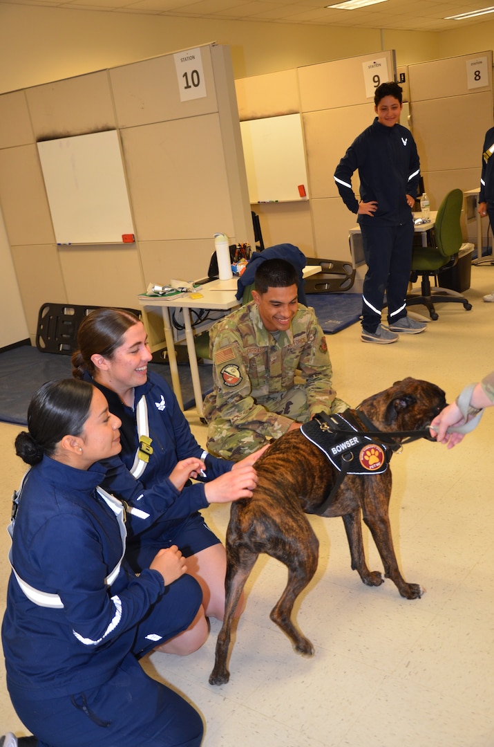 In recognition of Nurse Tech Week, Bowser the Therapy Dog visits students and staff in the Medical Education and Training Campus Air Force Aerospace Medical Service Apprentice course May 8.