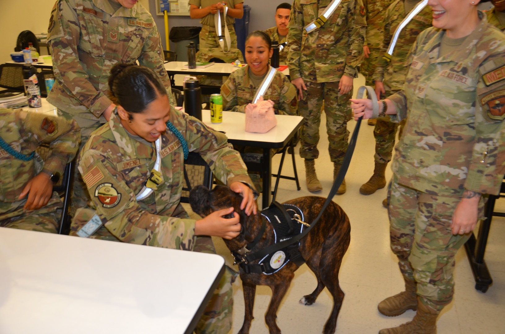 In recognition of Nurse Tech Week, Bowser the Therapy Dog visits students and staff in the Medical Education and Training Campus Air Force Aerospace Medical Service Apprentice course May 8.