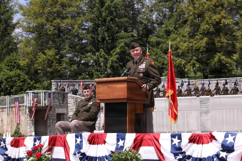 Maj. Gen. John R. Pippy, Pennsylvania adjutant general, speaks during the 28th Infantry Division’s annual memorial service May 17, 2026, in Boalsburg, Pennsylvania. The memorial service honored fallen Soldiers of the 28th Infantry Division and recognized Gold Star families at the 28th Infantry Division Shrine on the grounds of the Pennsylvania Military Museum. (U.S. Army National Guard photo by Staff Sgt. Kenneth Shirk)