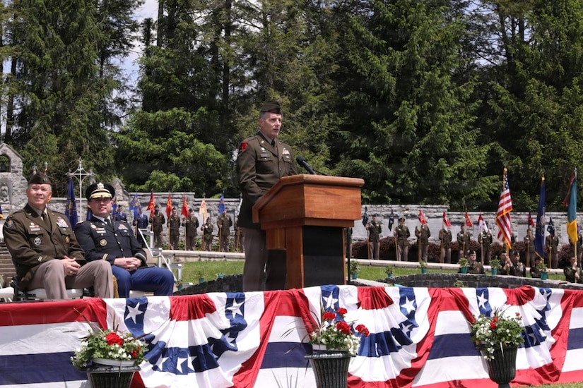 Brig. Gen. Reese J. Lutz, commander of the 28th Infantry Division, speaks during the division’s annual memorial service May 17, 2026, in Boalsburg, Pennsylvania. The memorial service honored fallen Soldiers of the 28th Infantry Division and recognized Gold Star families at the 28th Infantry Division Shrine on the grounds of the Pennsylvania Military Museum. (U.S. Army National Guard photo by Staff Sgt. Kenneth Shirk)