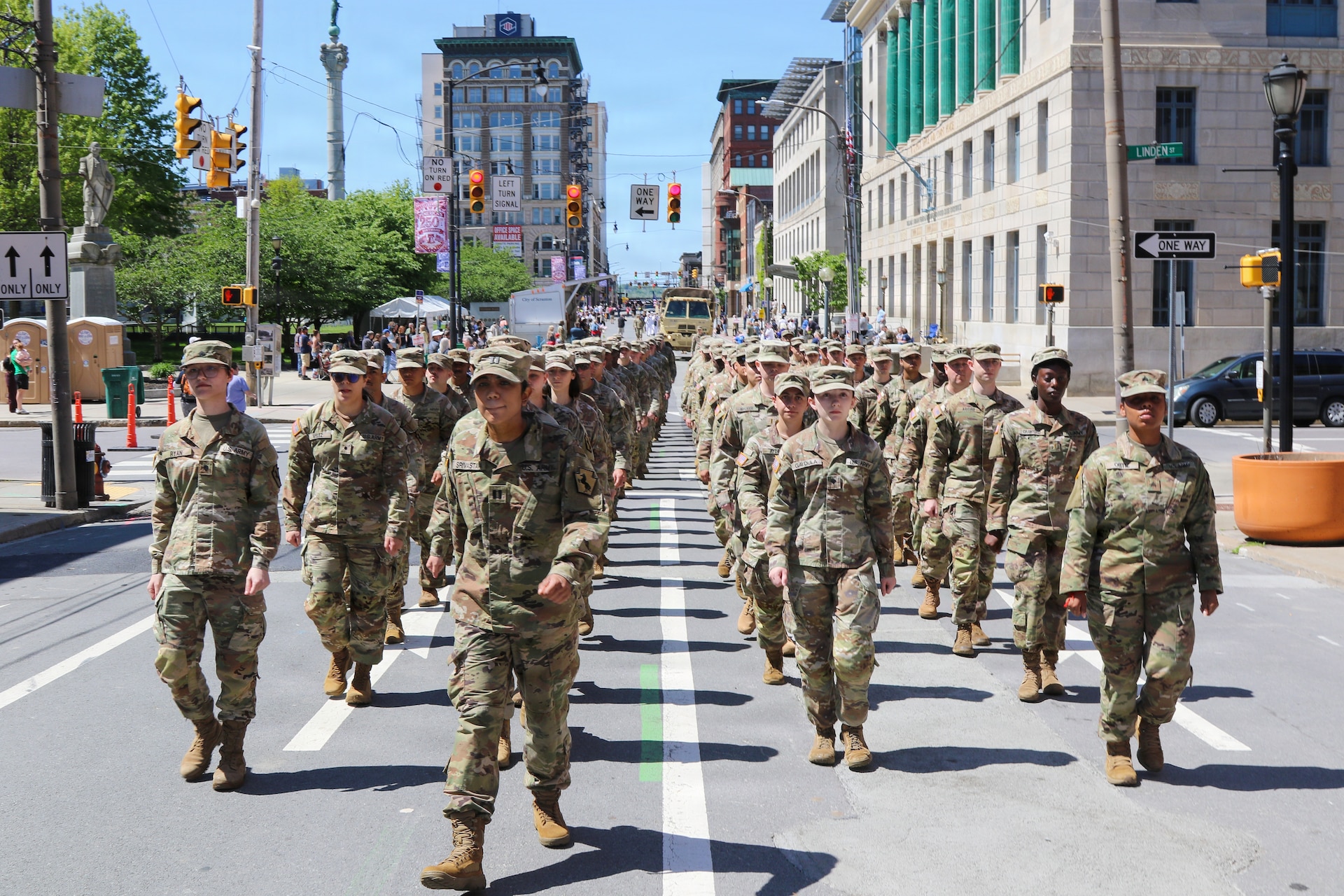 U.S. Army National Guard Soldiers assigned to Headquarters Support Company, 55th Maneuver Enhancement Brigade, Pennsylvania Army National Guard, participate in the Northeast Pennsylvania Armed Forces Day Parade in Scranton, Pennsylvania, May 16, 2026. Soldiers marched through downtown Scranton, escorted veterans from the Gino J. Merli Veterans’ Center along the parade route, and displayed military vehicles for community members attending the event. (U.S. Army National Guard photo by Sgt. 1st Class Shane Smith)