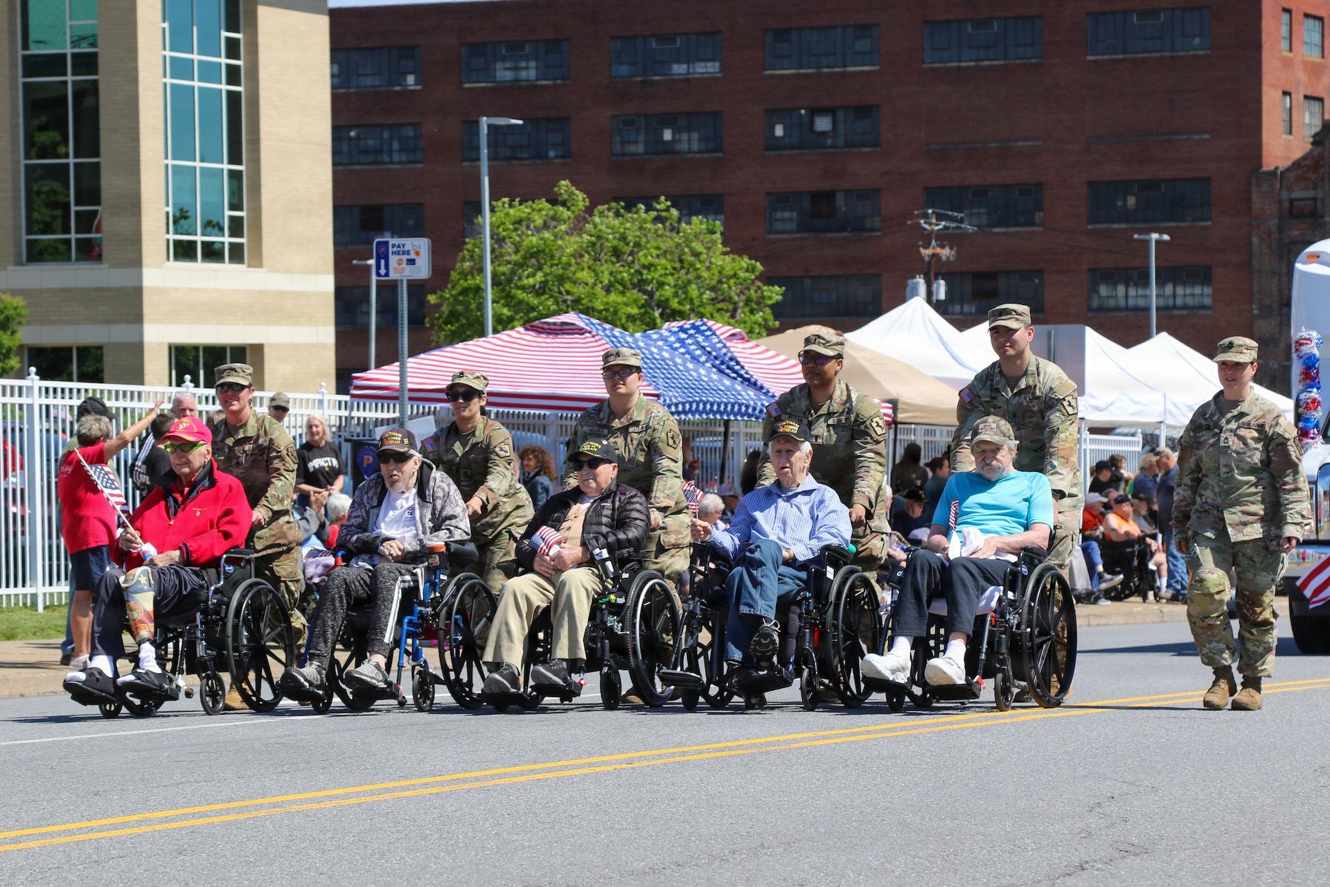 U.S. Army National Guard Soldiers assigned to Headquarters Support Company, 55th Maneuver Enhancement Brigade, Pennsylvania Army National Guard, participate in the Northeast Pennsylvania Armed Forces Day Parade in Scranton, Pennsylvania, May 16, 2026. Soldiers marched through downtown Scranton, escorted veterans from the Gino J. Merli Veterans’ Center along the parade route, and displayed military vehicles for community members attending the event. (U.S. Army National Guard photo by Sgt. 1st Class Shane Smith)
