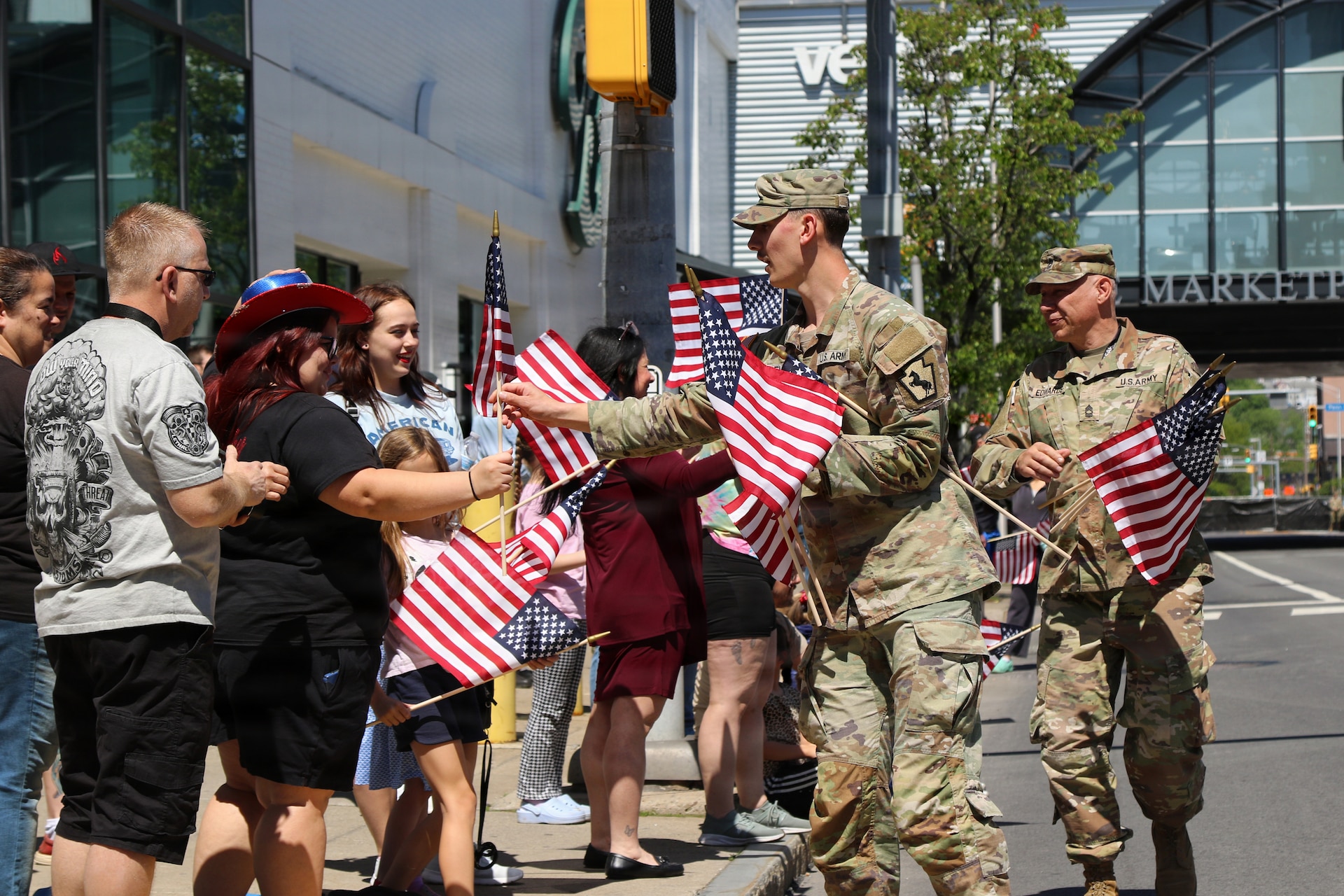 U.S. Army National Guard Soldiers assigned to Headquarters Support Company, 55th Maneuver Enhancement Brigade, Pennsylvania Army National Guard, participate in the Northeast Pennsylvania Armed Forces Day Parade in Scranton, Pennsylvania, May 16, 2026. Soldiers marched through downtown Scranton, escorted veterans from the Gino J. Merli Veterans’ Center along the parade route, and displayed military vehicles for community members attending the event. (U.S. Army National Guard photo by Sgt. 1st Class Shane Smith)