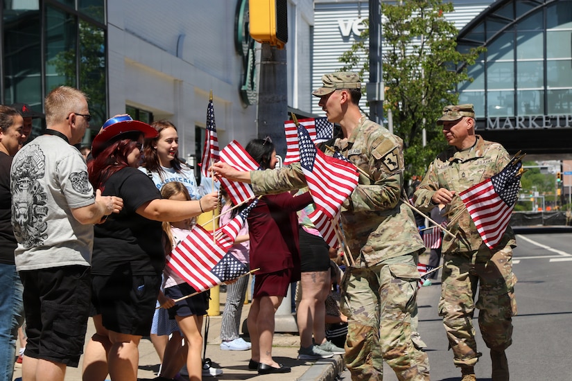 U.S. Army National Guard Soldiers assigned to Headquarters Support Company, 55th Maneuver Enhancement Brigade, Pennsylvania Army National Guard, participate in the Northeast Pennsylvania Armed Forces Day Parade in Scranton, Pennsylvania, May 16, 2026. Soldiers marched through downtown Scranton, escorted veterans from the Gino J. Merli Veterans’ Center along the parade route, and displayed military vehicles for community members attending the event. (U.S. Army National Guard photo by Sgt. 1st Class Shane Smith)