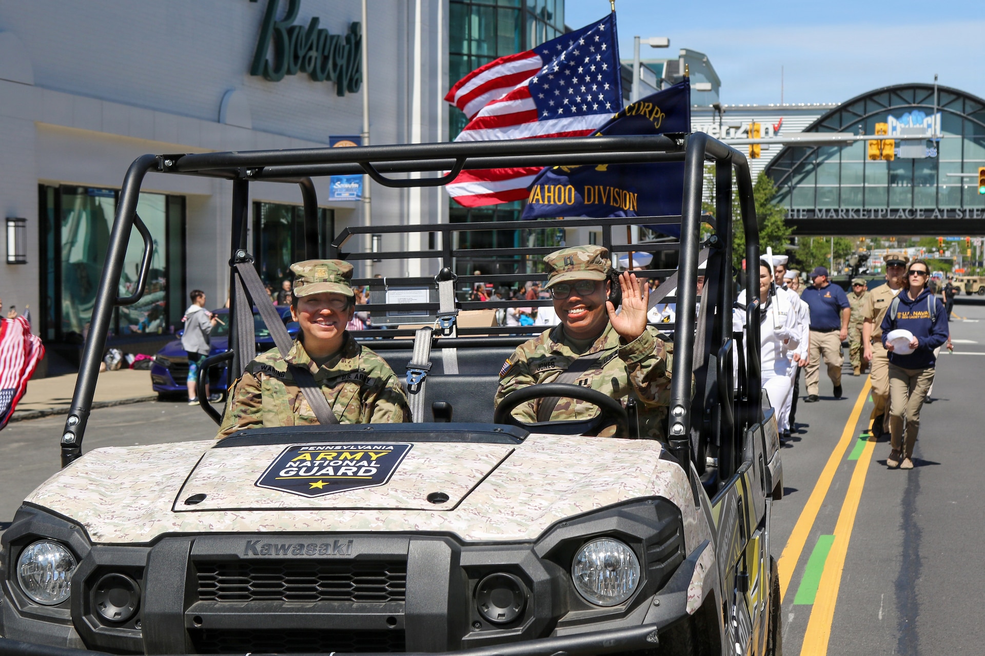 U.S. Army National Guard Soldiers assigned to Headquarters Support Company, 55th Maneuver Enhancement Brigade, Pennsylvania Army National Guard, participate in the Northeast Pennsylvania Armed Forces Day Parade in Scranton, Pennsylvania, May 16, 2026. Soldiers marched through downtown Scranton, escorted veterans from the Gino J. Merli Veterans’ Center along the parade route, and displayed military vehicles for community members attending the event. (U.S. Army National Guard photo by Sgt. 1st Class Shane Smith)