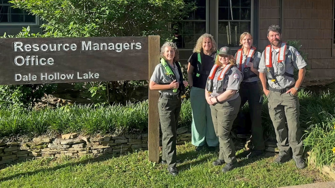 U.S. Army Corps of Engineers Nashville District park rangers at Dale Hollow Lake wear inflatable life jackets May 15, 2026, in Celina, Tennessee, while participating in “Wear Your Life Jacket to Work Day.” (USACE Photo)