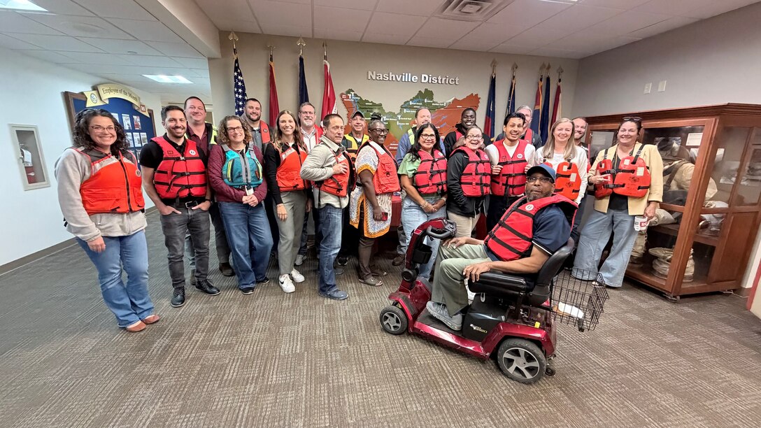 U.S. Army Corps of Engineers Nashville District employees pose together wearing life jackets May 15, 2026, in Nashville, Tennessee, while participating in “Wear Your Life Jacket to Work Day.” (USACE Photo by Lee Roberts)