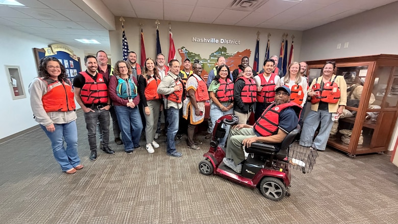U.S. Army Corps of Engineers Nashville District employees pose together wearing life jackets May 15, 2026, in Nashville, Tennessee, while participating in “Wear Your Life Jacket to Work Day.” (USACE Photo by Lee Roberts)