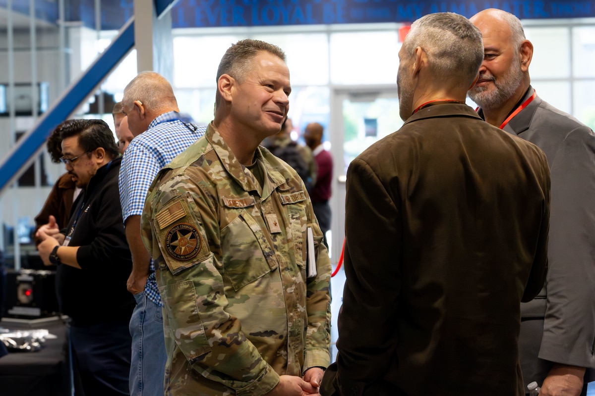 U.S. Air Force Brig. Gen. Peter Bonetti, director of Air Force Global Strike Command’s Strategic Plans, Programs, and Requirements Directorate, speaks with attendees of the AFGSC Commercial Capabilities Showcase in Bossier City, Louisiana, on May 13, 2026. The two-day showcase brought together military leaders and commercial innovators to accelerate the integration of cutting-edge technology into the nation's long-range strike and deterrence missions, with a focus on several key areas critical to future operations, including quantum sensing, advanced manufacturing, deployable energy solutions, and next-generation defensive systems. (U.S. Air Force courtesy photo of Small Business Consulting Corporation)