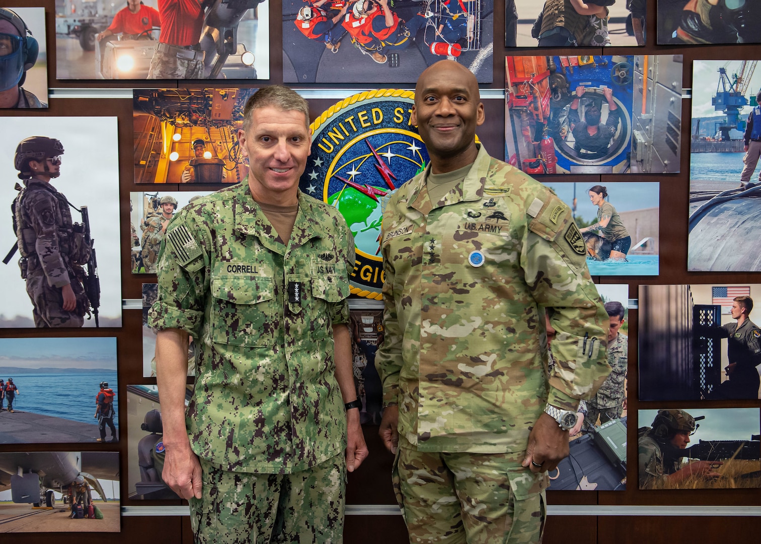 U.S. Navy Adm. Rich Correll, commander, U.S. Strategic Command and U.S. Army Gen. Xavier T. Brunson, commander of United Nations Command, Combined Forces Command, and United States Forces Korea, pose for a photo during a visit at USSTRATCOM headquarters on Offutt Air Force Base, Nebraska, May 11, 2026.