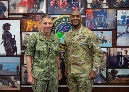 U.S. Navy Adm. Rich Correll, commander, U.S. Strategic Command and U.S. Army Gen. Xavier T. Brunson, commander of United Nations Command, Combined Forces Command, and United States Forces Korea, pose for a photo during a visit at USSTRATCOM headquarters on Offutt Air Force Base, Nebraska, May 11, 2026.