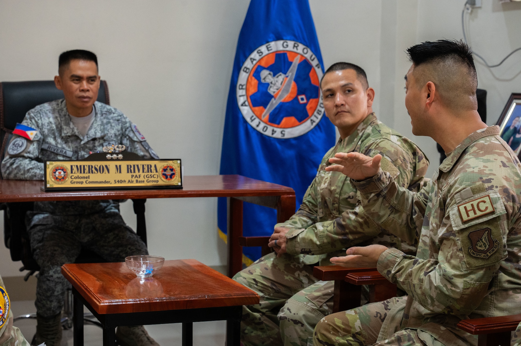 U.S. Air Force Capt. Joseph Jun, right, 21st Air Expeditionary Wing chaplain, speaks with Philippine Air Force Col. Emerson Rivera, 540th Air Base Group commander during Exercise Balikatan 2026 at Basa Air Base, April 24, 2026. Balikatan is a longstanding annual exercise between the Armed Forces of the Philippines and U.S. military that represents the strength of our alliance, improves our capable combined force, and demonstrates our commitment to regional peace and prosperity. (U.S. Air Force photo by Senior Airman Alondra Cristobal Hernandez)