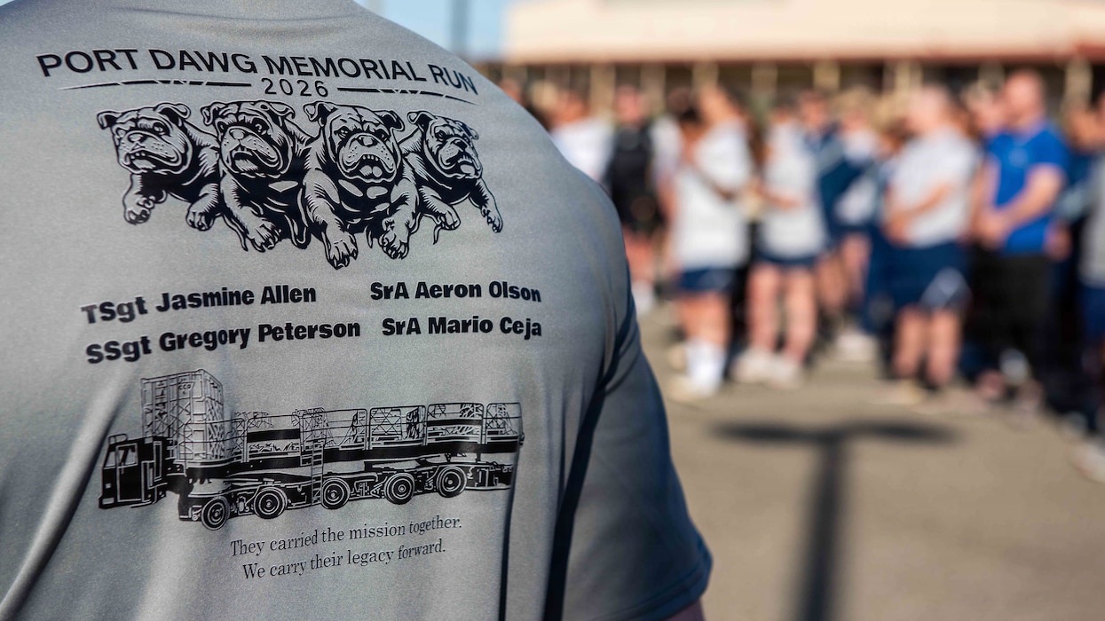 An Airman's shirt displays the name of fallen aerial port members
