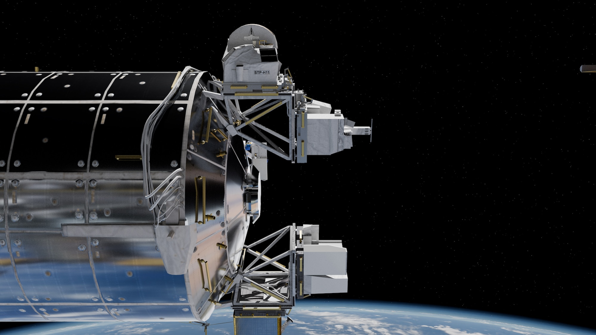 A conceptual image of the Space Test Program – Houston 11 (STP-H11) payload, featuring the STORIE instrument that will be installed outside of the International Space Station’s Columbus module. (Courtesy photo by National Aeronautics and Space Administration and U.S. Space Force)