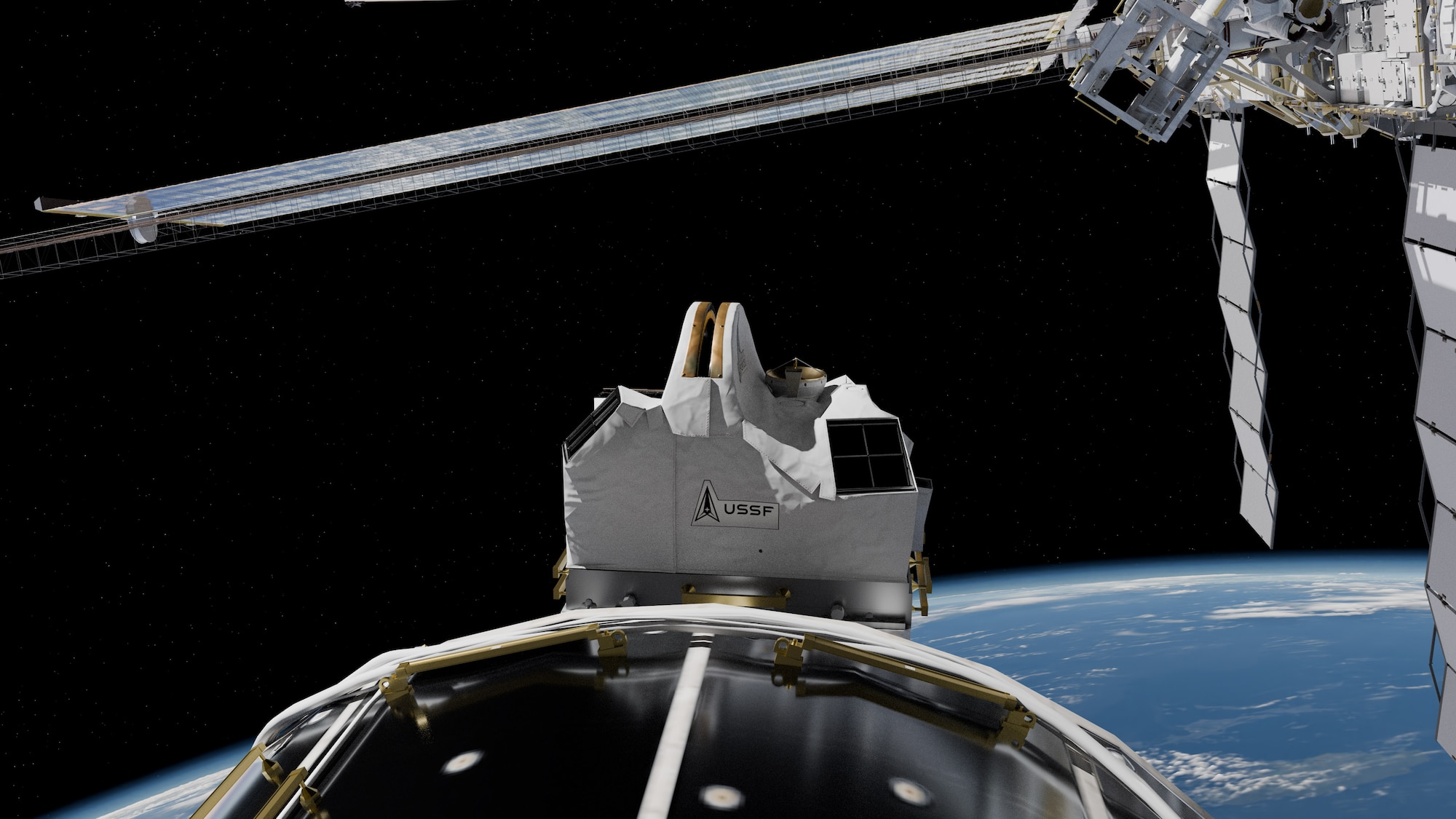 A conceptual image of the Space Test Program – Houston 11 (STP-H11) payload, featuring the STORIE instrument that will be installed outside of the International Space Station’s Columbus module. (Courtesy photo by National Aeronautics and Space Administration and U.S. Space Force)