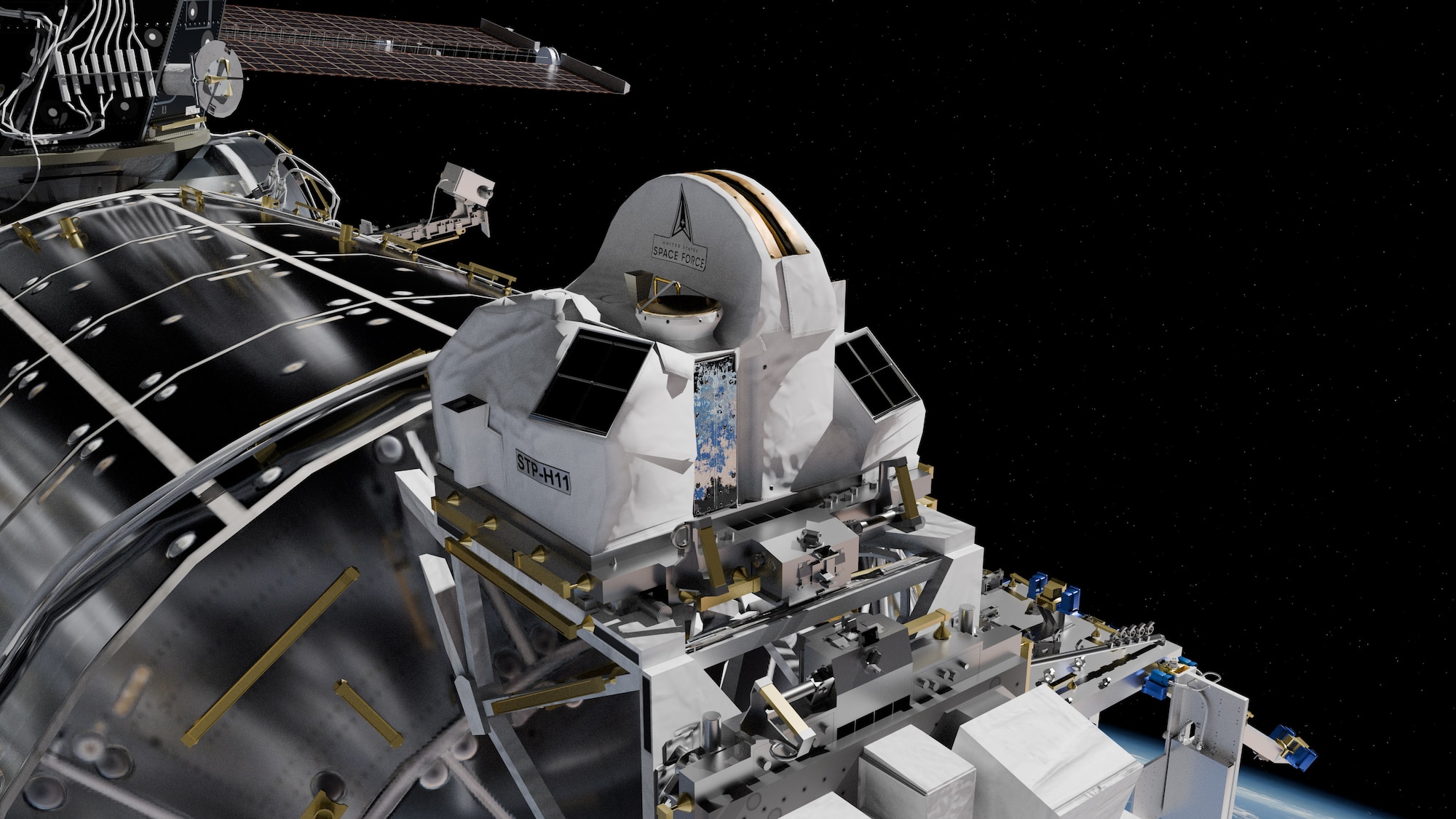 A conceptual image of the Space Test Program – Houston 11 (STP-H11) payload, featuring the STORIE instrument that will be installed outside of the International Space Station’s Columbus module. (Courtesy photo by National Aeronautics and Space Administration and U.S. Space Force)