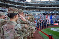 U.S. Air National Guard Staff Sgt. Andrew Wolfe throws the ceremonial first pitch during the Washington Nationals National Guard Appreciation Game at Nationals Park in Washington, D.C., May 18, 2026.
