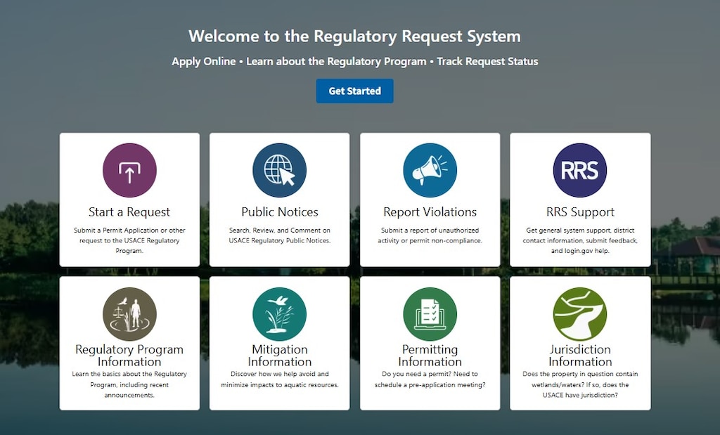 A screenshot of the Regulatory Request system homepage. The top center says, "Welcome to the Regulatory Request System" and then says "Apply Online. Learn about the Regulatory Program. Track Req