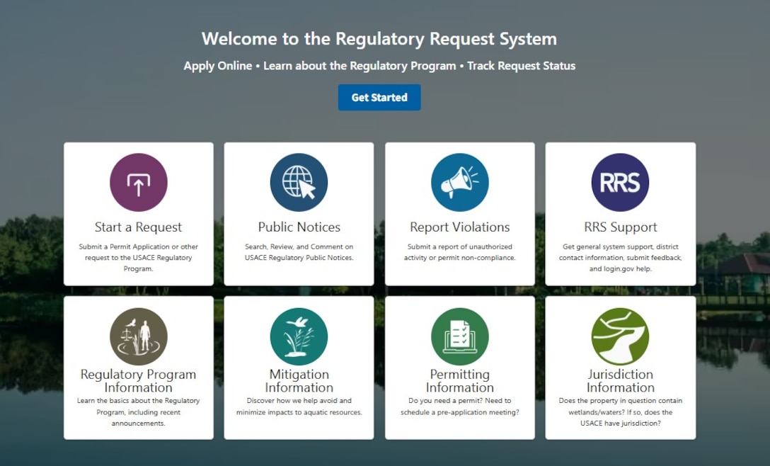 A screenshot of the Regulatory Request system homepage. The top center says, "Welcome to the Regulatory Request System" and then says "Apply Online. Learn about the Regulatory Program. Track Req