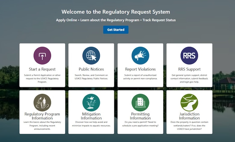 A screenshot of the Regulatory Request system homepage. The top center says, "Welcome to the Regulatory Request System" and then says "Apply Online. Learn about the Regulatory Program. Track Req