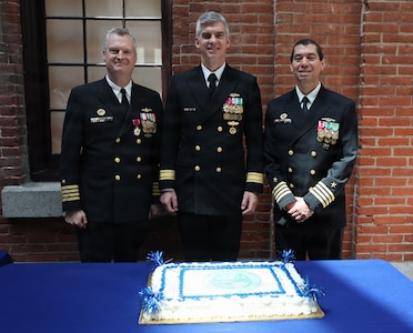 NSWCPD welcomed Capt. Ashley S Wright (right), who relieved Capt. Joseph Darcy (left) as Commanding Officer during NSWCPD’s Change of Command Ceremony in Philadelphia on May 15, 2026. Commander, Naval Surface and Undersea Warfare Centers Rear Adm. Peter Small (center) served as the ceremony’s guest speaker and presided over the change of command. (U.S. Navy photo by Phil Scaringi, CTR)