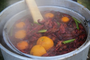 A pot of boiling crawfish and oranges are stirred.