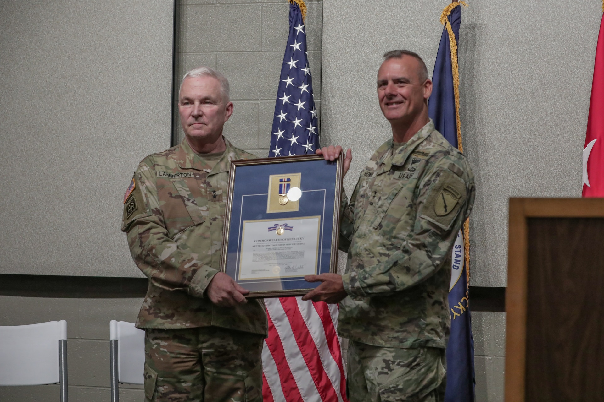 U.S. Army Maj. Gen. Bryan Howay receives a Distinguished Service Medal from Maj. Gen. Haldane B. Lamberton, the Adjutant General of Kentucky National Guard, during his retirement ceremony at Boone National Guard Center in Frankfort, Kentucky, May 16, 2026.