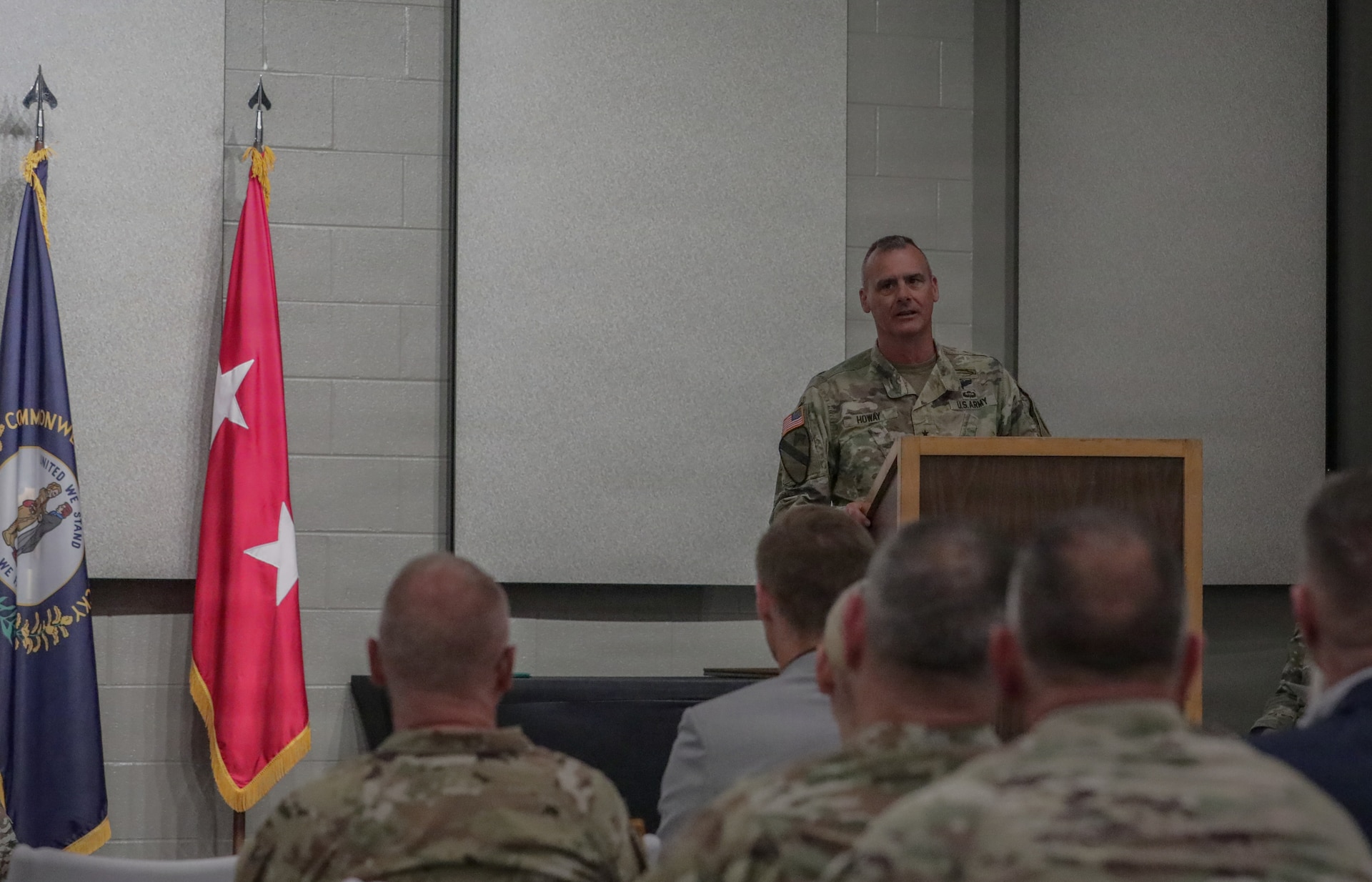 U.S. Army Maj. Gen. Bryan Howay delivers remarks during his retirement ceremony at Boone National Guard Center in Frankfort, Kentucky, May 16, 2026.
