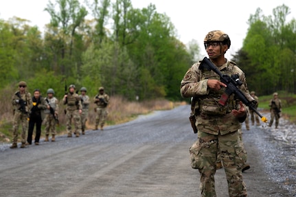 U.S. Airman 1st Class Gustavo Rubi-Vasquez, 316th Security Forces Squadron defender, participates in tactical maneuver drills during the 316th Wing’s Bivouac exercise at Fort Indiantown Gap, Pennsylvania, April 29, 2026. Members assigned to the 316th Security Forces Group and Air Force Office of Special Investigations Detachment 331 facilitated a convoy with augmentees from other career fields to provide training on securing positions, engaging adversaries and conducting site reconnaissance. (U.S. Air Force photo by Airman 1st Class Patrick Njuguna)